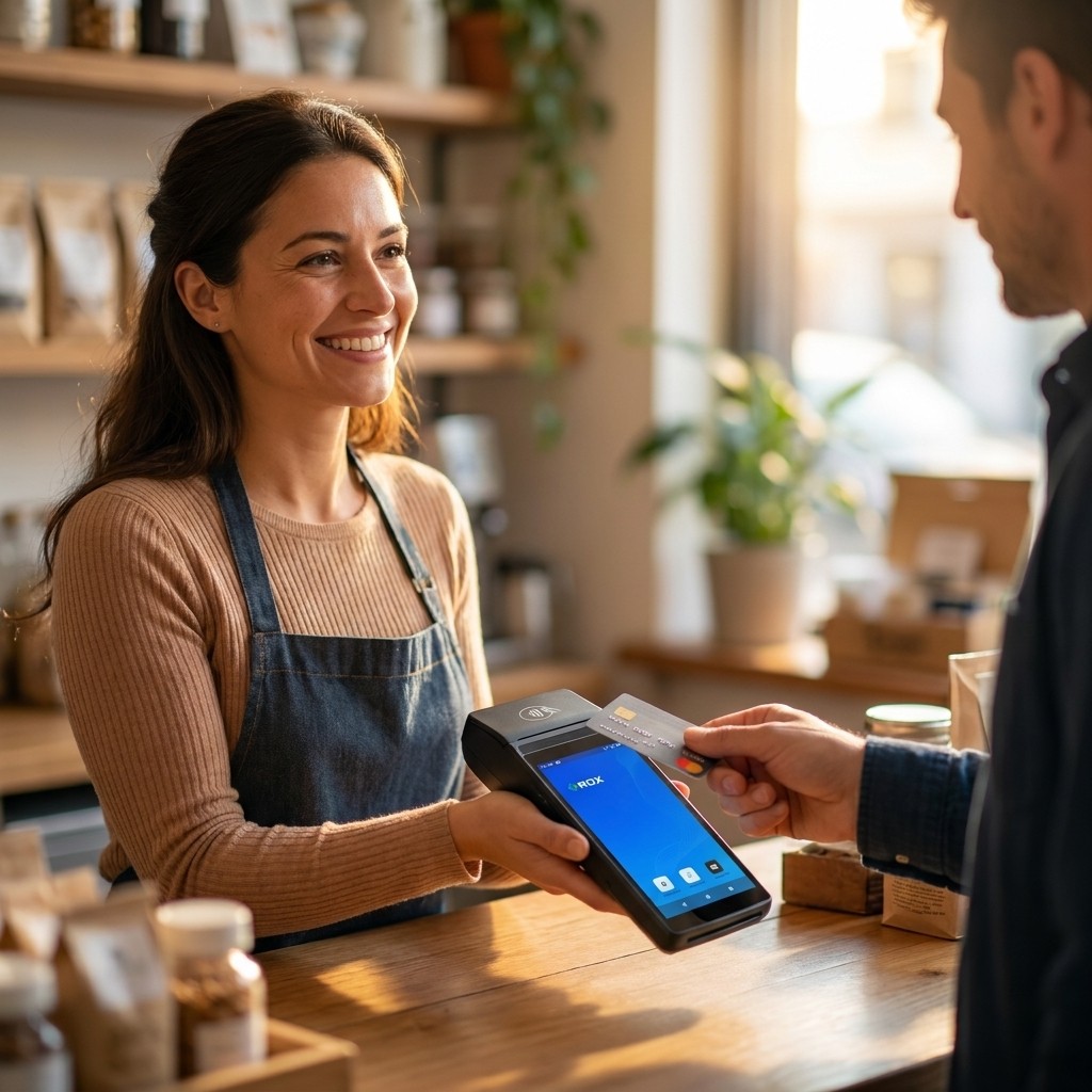 Esercente che utilizza il POS RoxPay per accettare il pagamento con carta di credito